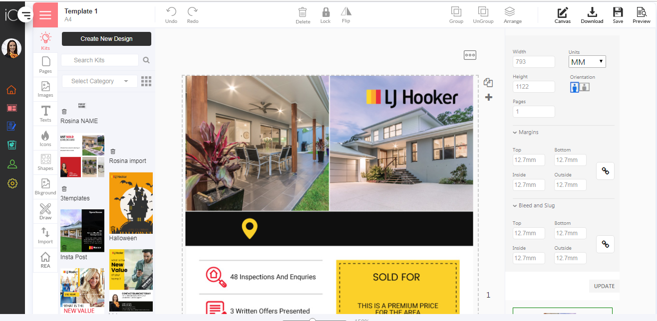 Canvas Design Templates Tool with option to add image text shapes icons