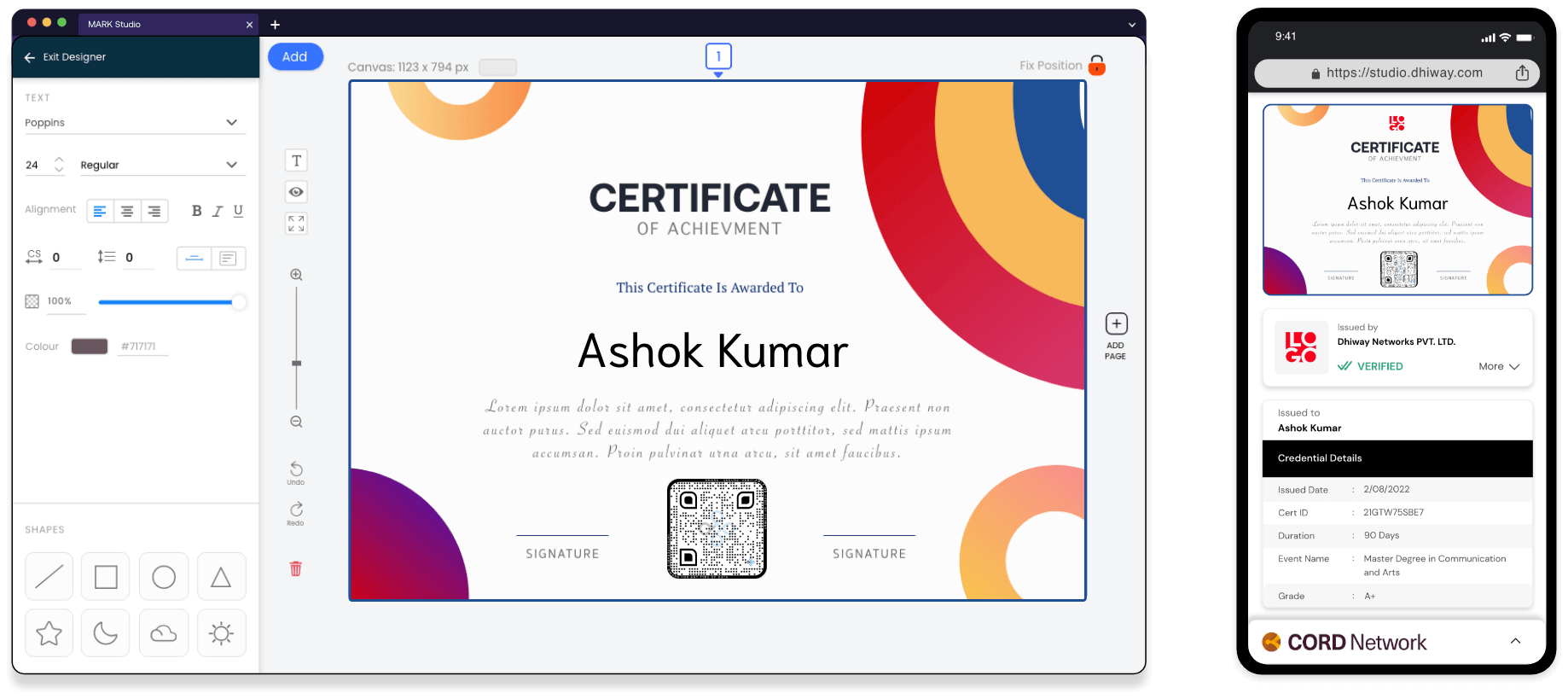 Dhiway Markstudio Platform – Certificate Generator Canvas Editor